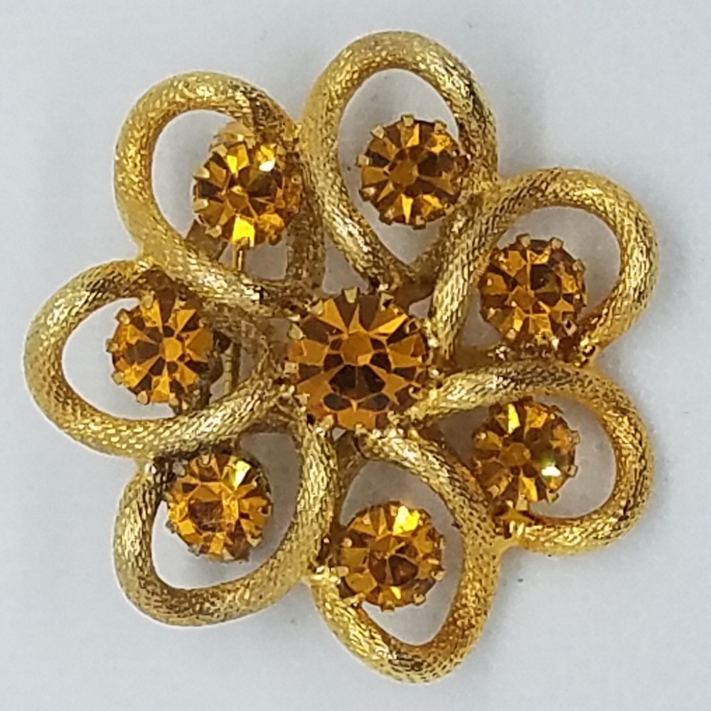 Rhinestone Flower Motif Brooch Pin Amber-Colored, Orange, Goldtone